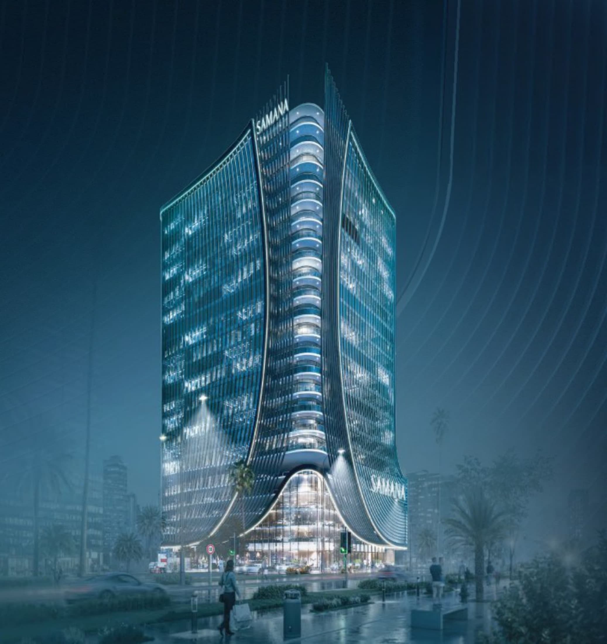 Samana Business Hub — office tower at night in Downtown Jebel Ali